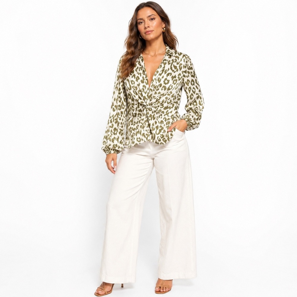 Pleione Women's Dusty Sage Animal Print Blouse Size M Quiet Luxury Old Money